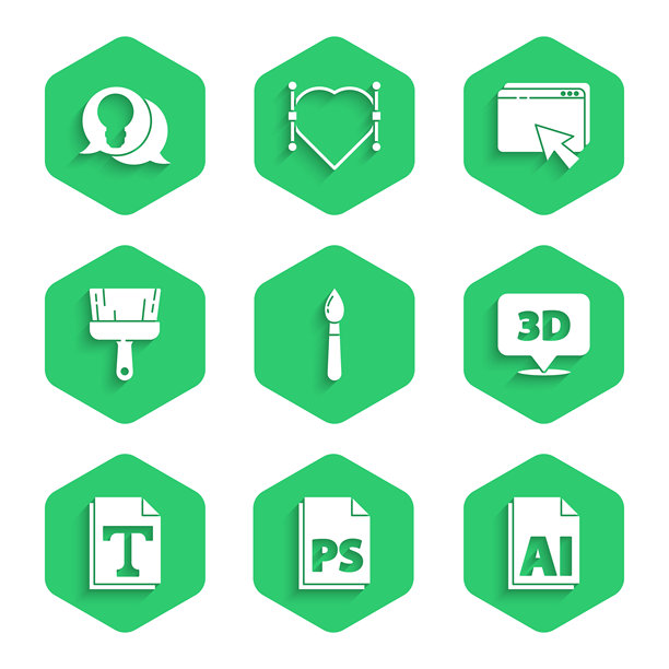 画笔、PS文件文档、AI文件、带文本的3D对话气泡、文本、网页设计与开发以及灯泡创意图标。矢量图。图片下载