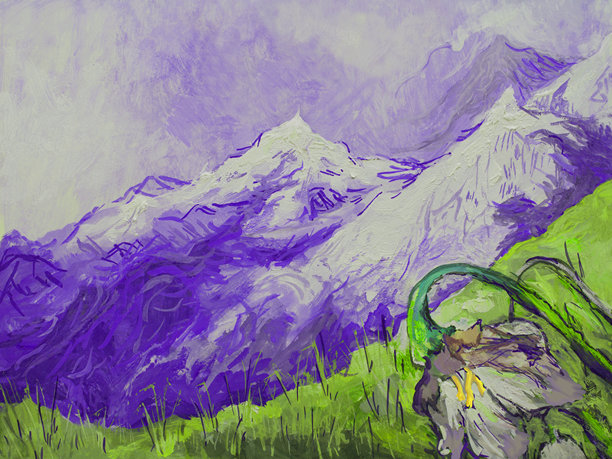 时尚的插画现代艺术作品我的画布上的原始油画印象派春天的山景雪山和雪绒花盛开在一片绿草如茵的空地上图片下载