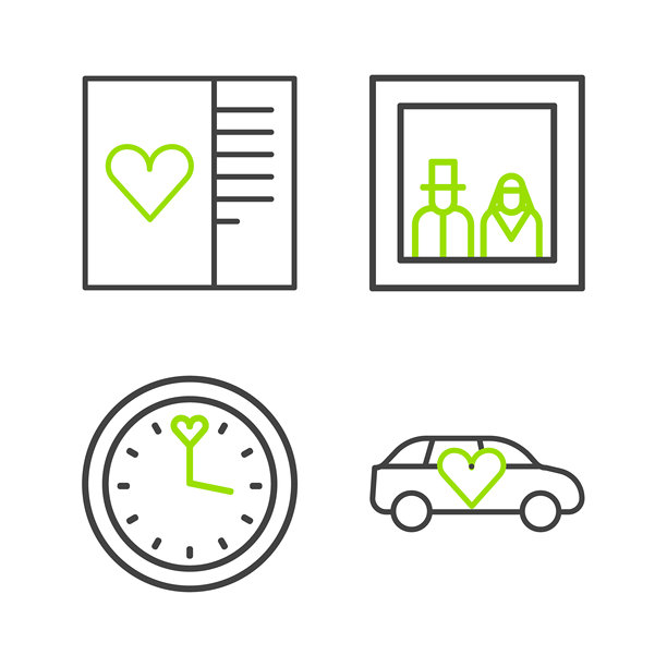 豪华轿车、时钟、家庭照片和带心形图标的明信片。矢量图。图片下载