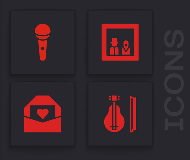 小提琴、麦克风、家庭照片和带有情人节心形图标的信封。矢量图。图片下载