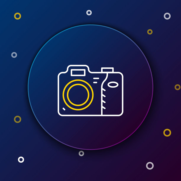 蓝色背景上的线条相机图标。照片相机图标。彩色轮廓概念。矢量图。图片下载