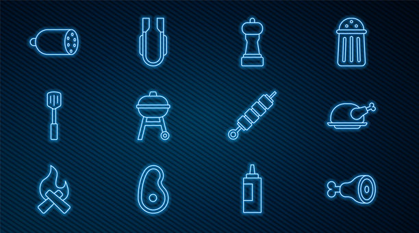 鸡腿、烤火鸡或鸡肉、胡椒、烧烤架、铲子、萨拉米香肠、烤肉串和肉夹图标。矢量图。图片下载