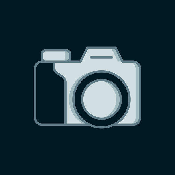 黑色背景上的线条相机图标。照片相机。数字摄影。扁平填充轮廓风格，带阴影。矢量图。图片下载