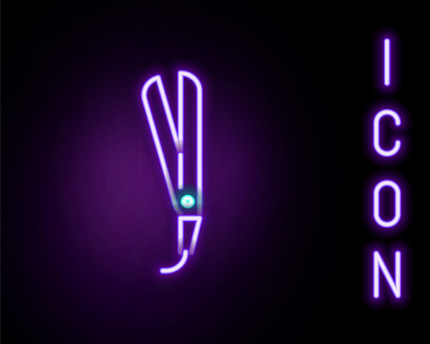 发光的霓虹线卷发棒图标，背景为黑色。直发器图标。彩色轮廓概念。矢量图。图片下载