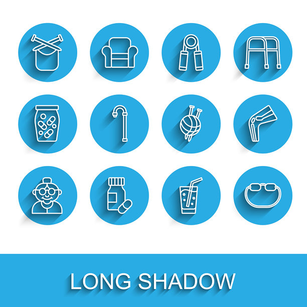 祖母、药瓶药丸、编织、装水的玻璃、眼镜、手杖、骨痛和毛线球编织针图标。矢量图。图片下载