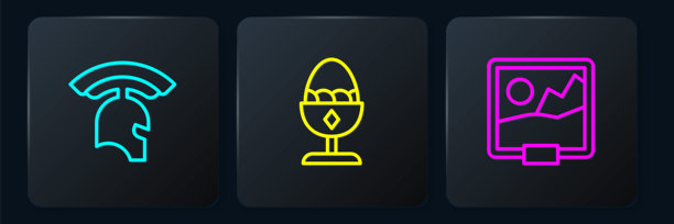 罗马军队头盔、图片和鸡蛋在支架上。黑色方形按钮。矢量图。图片下载