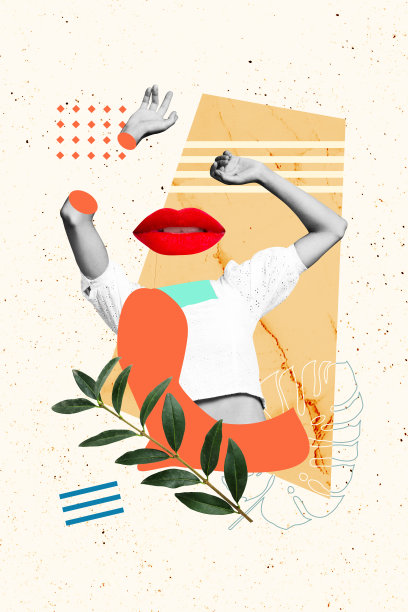 年轻女性卡通头像无头模特肖像的合成趋势艺术草图照片拼贴，手势向上，嘴唇化妆为红色。图片下载