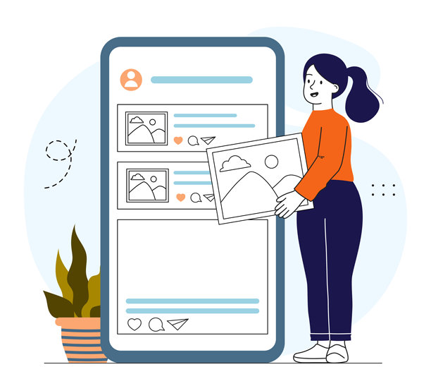 女性发布照片。年轻女孩在社交网络和通讯软件上上传照片。网红和受欢迎的博主。个人资料和账户。才华横溢的内容创作者。线性矢量插图。图片下载