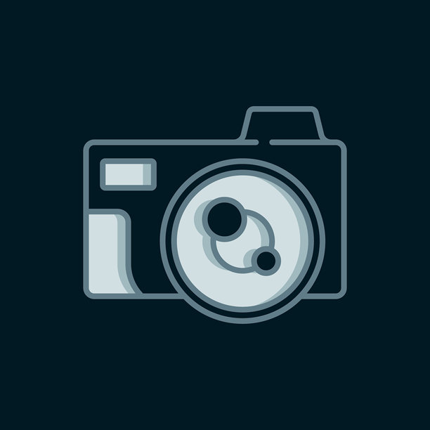黑色背景上的线条相机图标。照片相机图标。平面填充轮廓风格，带阴影。矢量图。图片下载