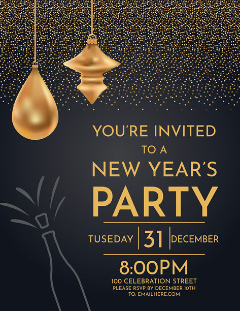 除夕派对邀请模板。闪亮的金色图片下载