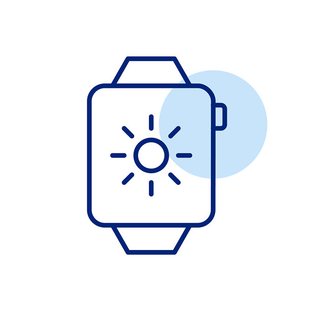 带有太阳符号的智能手表屏幕。天气预报，日间模式，浅色调。户外活动跟踪。像素完美的矢量图标。图片下载