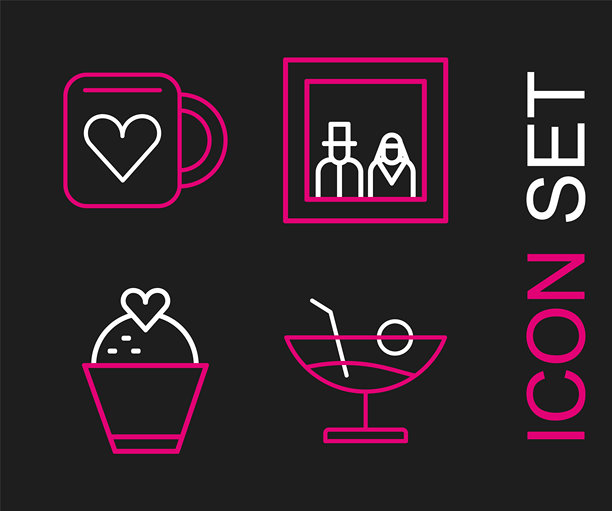 鸡尾酒线条，心形婚礼蛋糕，家庭照片和咖啡杯及图标。矢量图。图片下载