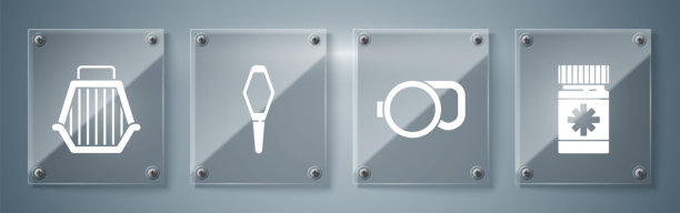 狗药瓶和药丸、可伸缩绳索牵引带、宠物药瓶和宠物携带箱。方形玻璃面板。矢量图。图片下载