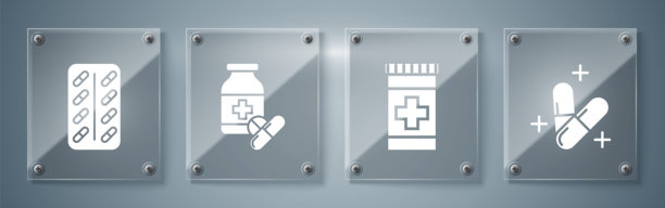 药片或药丸，药瓶，药瓶和药片，以及泡罩包装的药片。方形玻璃面板。矢量图图片下载