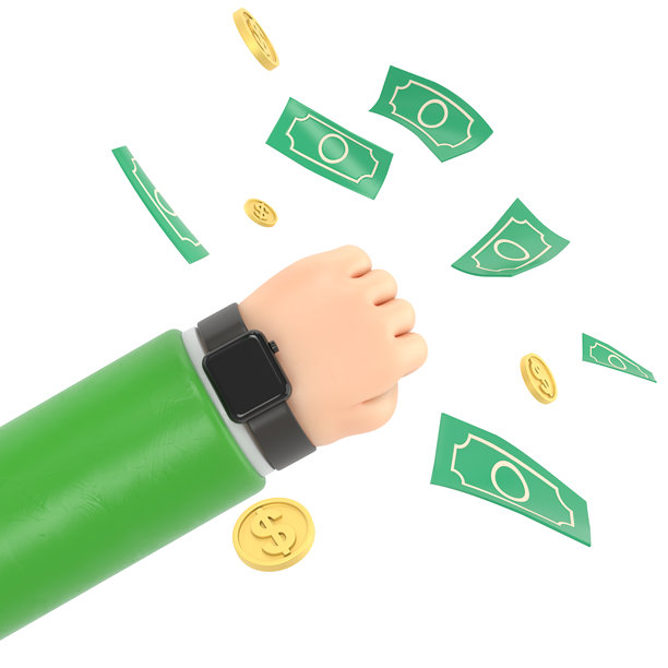 3D卡通渲染的男人手臂上戴着手表或闹钟，周围飞舞着美元钞票和硬币的横幅设计。赚钱，投资。白色背景上的3D渲染。图片下载