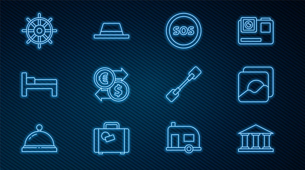 博物馆建筑线条图，照片，位置带SOS，货币兑换，床，船舵，桨和带帽带的男人图标。矢量图。图片下载