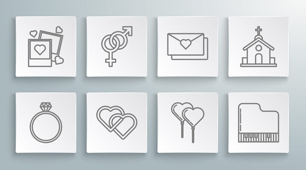 设定线条钻石订婚戒指，性别，两个相连的心，气球心形与丝带，钢琴，情人节信封，教堂建筑和空白照片框心形图标。矢量图。图片下载