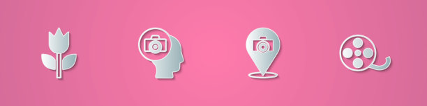 纸艺风格的剪纸照片模式宏、相机和胶卷图标。矢量图。图片下载