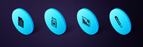 等距文具刀、图片风景、纸质购物袋和文件文档图标。矢量图。图片下载