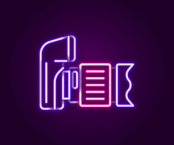 发光的霓虹线相机图标，背景为黑色。照片相机。数字摄影。彩色轮廓概念。矢量图。图片下载