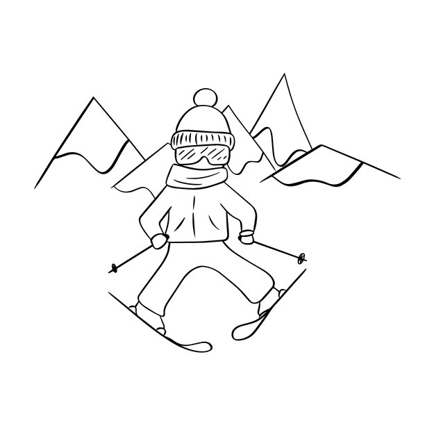 年轻滑雪者在雪山上滑雪，矢量图形线条插图图片下载