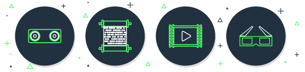 线条纸卷、电影拍板、蓝牙连接和3D影院眼镜图标。矢量图。图片下载