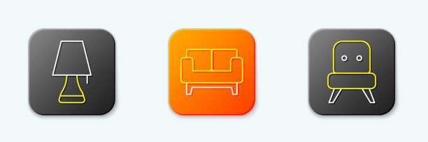 线条风格的台灯、沙发和扶手椅图标。矢量图。图片下载