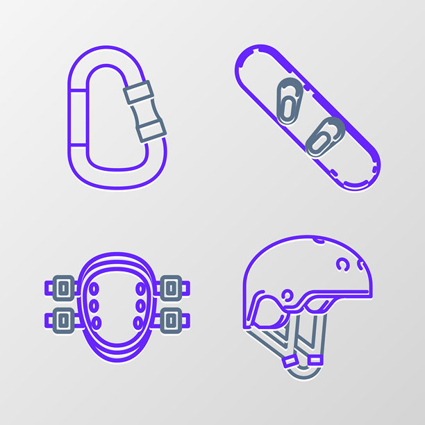 安全帽、护膝、滑雪板和登山扣图标。矢量图。图片下载
