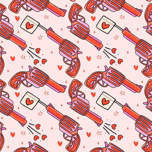 复古情人节无缝图案，牛仔枪爱主题卡通，背景独立图片下载