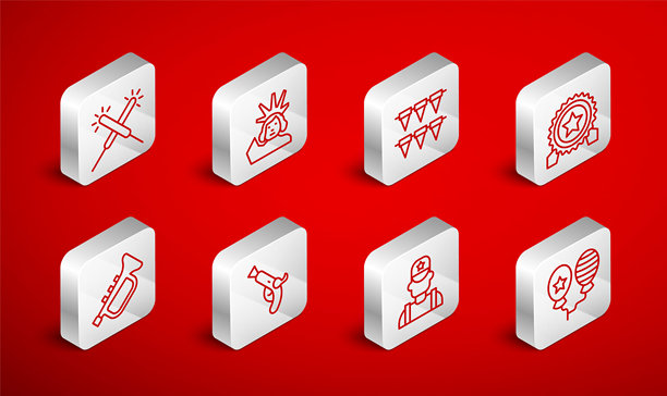 气球、自由女神像、带旗帜的嘉年华花环、奖章星、警长牛仔、烟花火花、复古手枪和小号图标。矢量图。图片下载