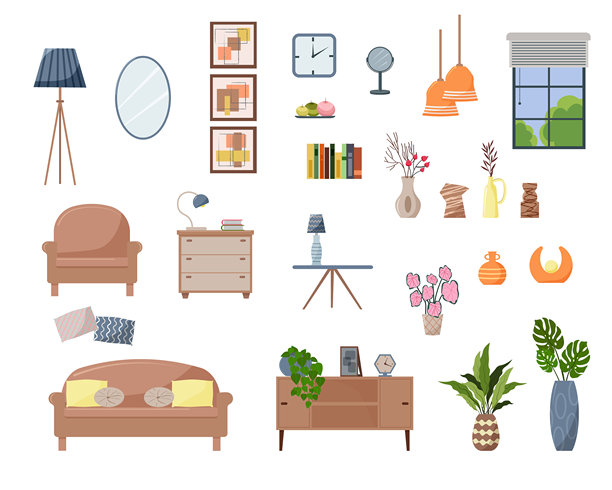 现代室内设计。卧室或客厅装饰元素的组合。沙发和扶手椅、床头柜、落地灯和台灯。带百叶窗的窗户。图片下载