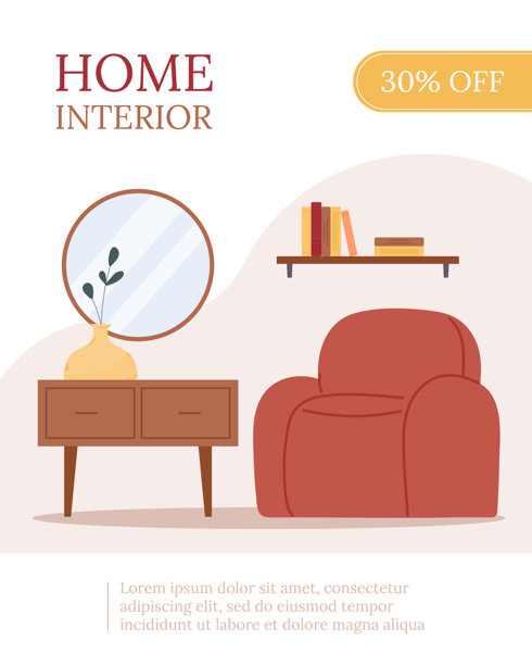 带有舒适扶手椅、台灯和抽屉柜的宣传单设计。室内设计、家具、客厅、家居装饰概念。用于横幅、促销、广告的矢量插图。图片下载