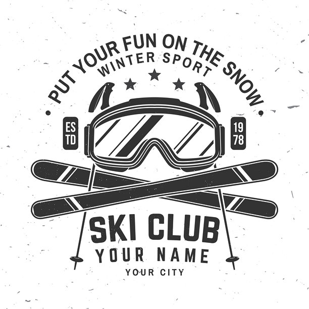 在雪地上尽情玩乐。复古滑雪俱乐部徽章矢量图。适用于T恤、印刷、印章或贴纸的概念，包含滑雪板、滑雪杖和滑雪镜。家庭度假、活动或旅行。适合用于标志设计、补丁。图片下载