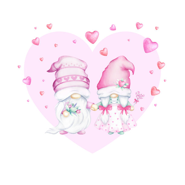 一对相爱的侏儒手捧花束，背景是红色、粉色和绿色的心形图案。手绘水彩插图，适用于浪漫的情人节贺卡、邀请函和婚礼设计。图片下载