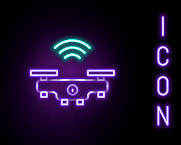 发光的霓虹线条智能无人机系统图标，背景为黑色。带有视频和照片摄像头的四旋翼飞行器符号。彩色轮廓概念。矢量图。图片下载