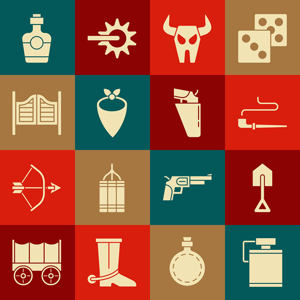 水壶、铲子、烟斗、水牛头骨、牛仔头巾、酒吧门、龙舌兰酒和左轮手枪枪套图标。矢量图。图片下载