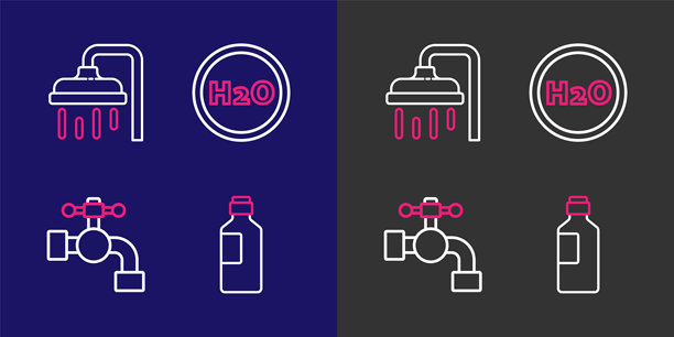 水瓶、水龙头、H2O化学式和淋浴头图标。矢量图。图片下载