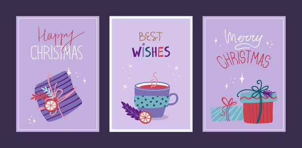 圣诞节和新年贺卡套装。优雅的贺卡，配有礼品盒、热红酒和闪光效果。手绘矢量插图模板。图片下载