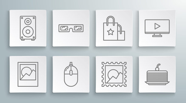 线条照片框、3D影院眼镜、电脑鼠标、风景图片、蛋糕、纸购物袋、在线视频播放和立体声扬声器图标。矢量图。图片下载