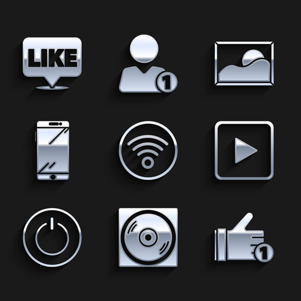 设置Wi-Fi无线互联网网络，黑胶唱片，手势，播放方块，电源按钮，智能手机，移动电话，图片风景和点赞气泡图标。矢量图。图片下载
