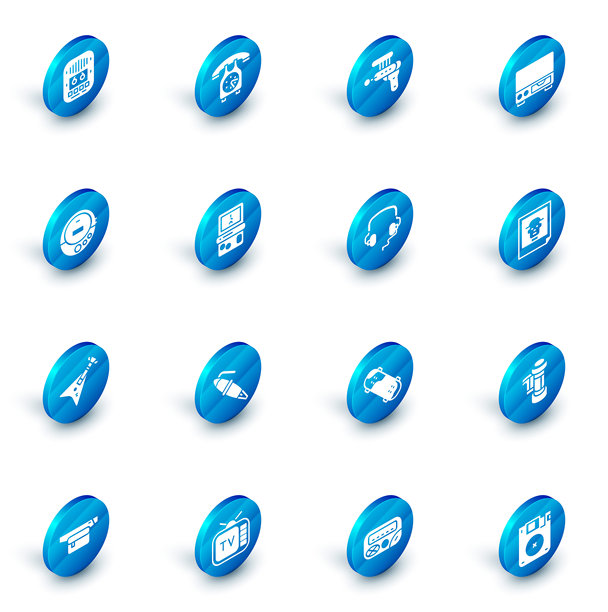 电话听筒、激光枪、老式录像带播放器、音乐CD、电贝斯吉他、俄罗斯方块、照片和耳机图标。矢量图。图片下载