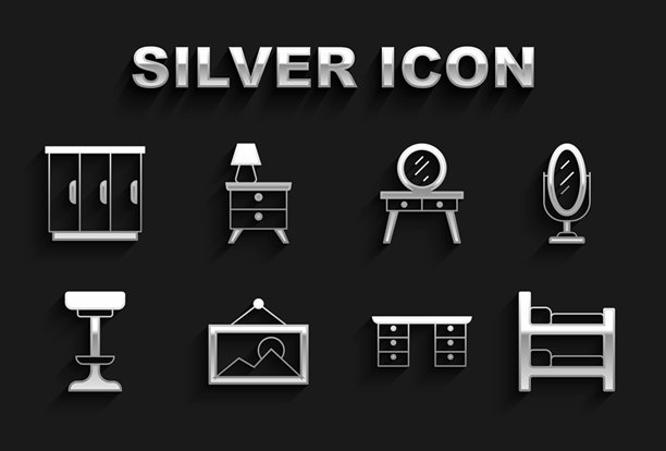 图标：图片、镜子、双层床、办公桌、椅子、梳妆台、衣柜和带灯的床头柜。矢量图。图片下载