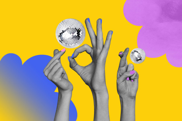 创意合成抽象照片拼贴，展示人们在复古迪斯科派对上玩乐的手，背景为独立的涂鸦风格。图片下载