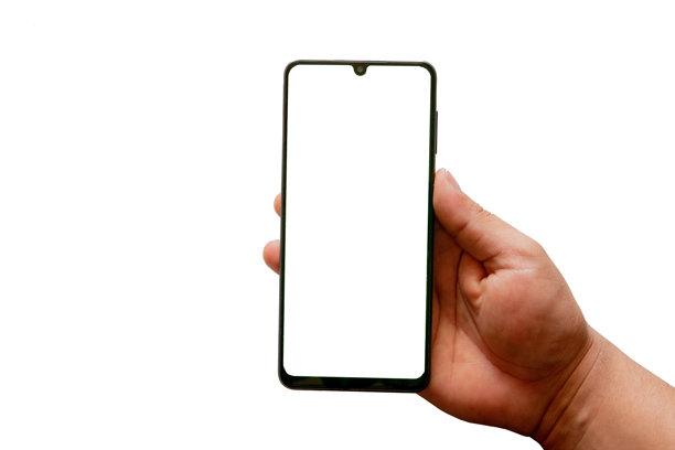一只手握着一部白屏的安卓手机，背景为白色。图片下载