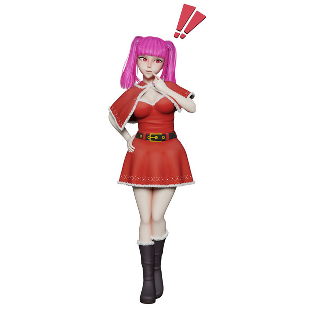 卡通设计女孩圣诞老人。一个现实主义女性圣诞老人站着，右手扶着腰，左手放在嘴前，头侧有一个感叹号。3D艺术风格图片下载