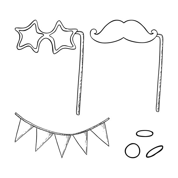 简单的派对配饰黑白矢量插图。照片亭星星和胡须，圆形彩纸屑和三角旗帜的线条素描。节日和庆祝装饰套件。图片下载