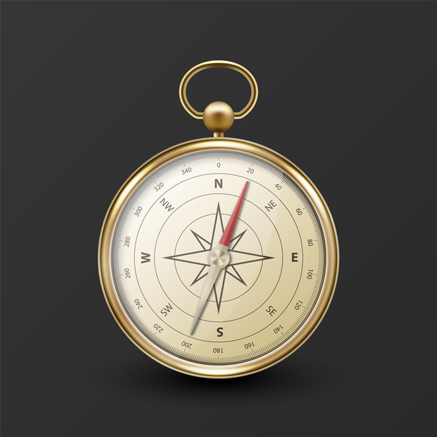 逼真的3D矢量指南针，金属框架，导航工具插图。表盘上的复古风玫瑰符号，指南针图标特写，孤立展示。图片下载