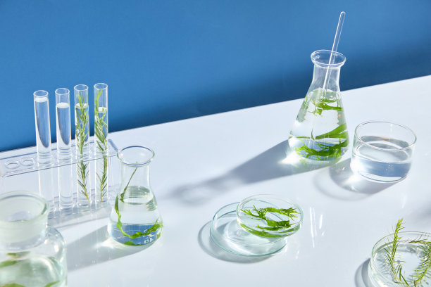 高角度拍摄的白色实验室桌子上的照片，展示了各种实验室玻璃器皿。中央留有空白空间以供产品展示，文本留白。图片下载