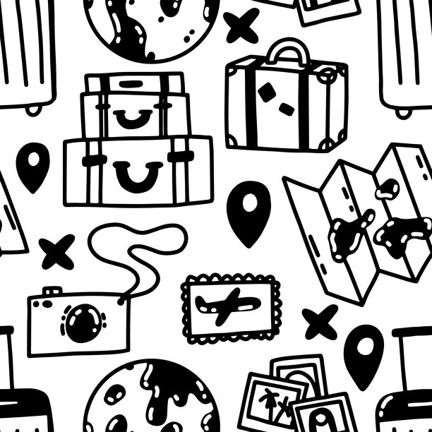 旅行与夏季冒险，带着行李箱、邮票和照片。手绘夏季旅程图片下载