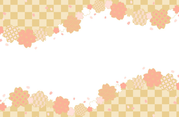 樱花与日本图案框架矢量插图素材 格子图案 粉色 金色 日本风格 春天 花瓣 樱花雪暴 可爱图片下载
